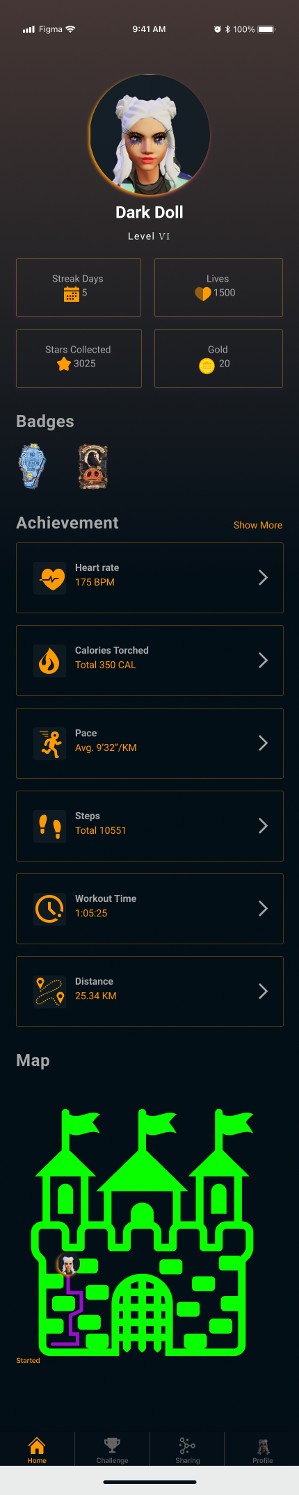 Home profile screen showing streak days, lives, stars collected, gold, badges, and achievement list
