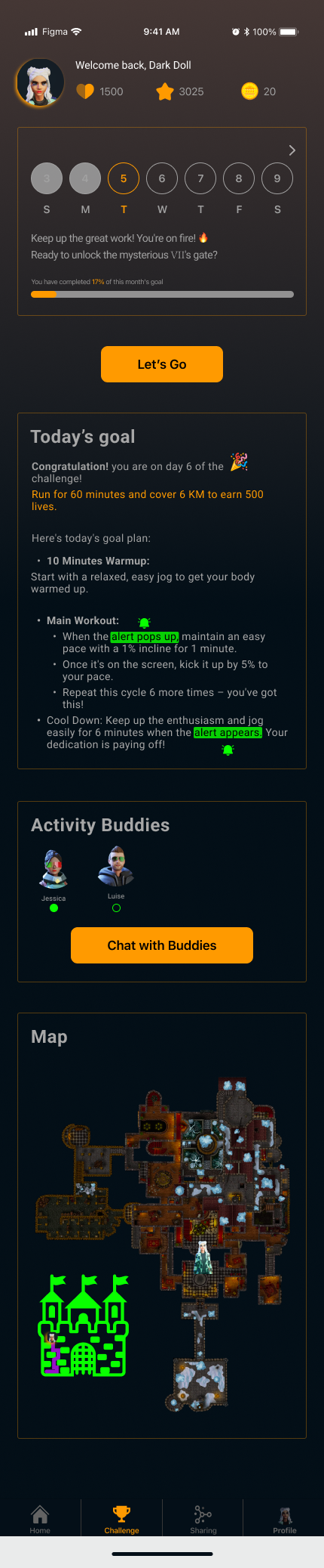 Dashboard showing weekly progress calendar, today's goal, and activity buddies