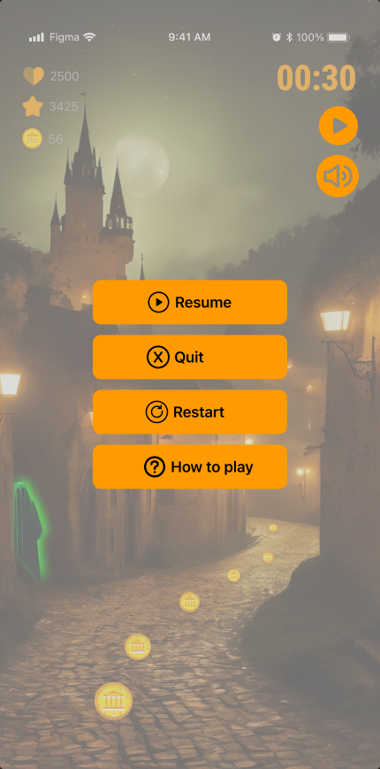 Pause menu with resume, quit, restart, and how to play options
