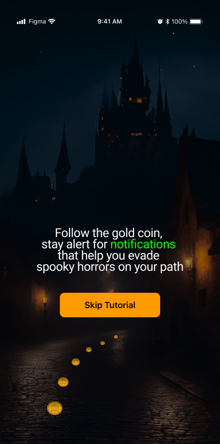 Onboarding tutorial screen instructing the player to follow the gold coin and watch for notifications