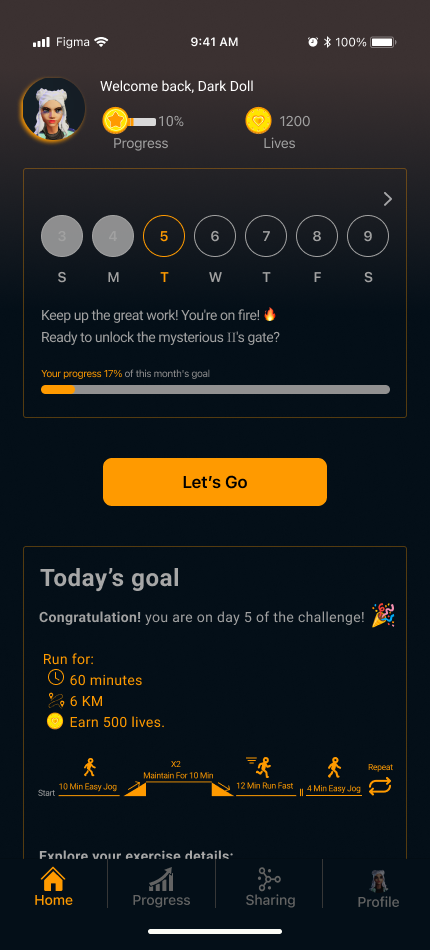 Home dashboard with weekly streak calendar and monthly goal progress bar