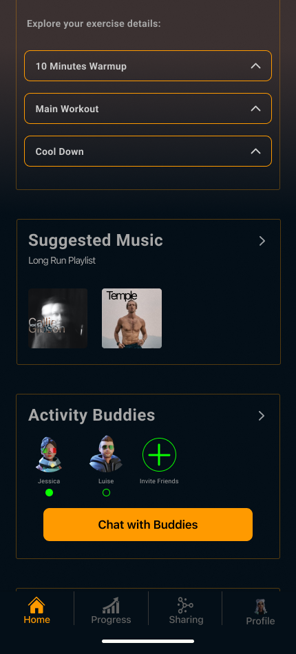 Workout plan breakdown with suggested music and activity buddies invite