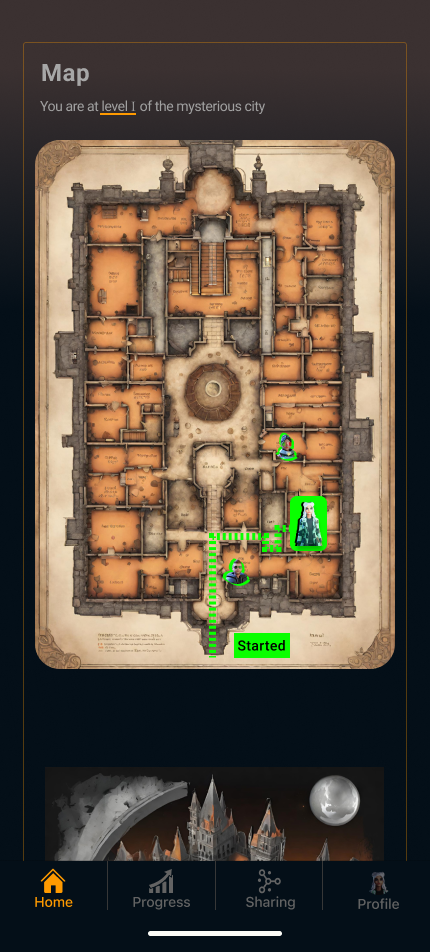 Illustrated level map showing the player's position within the mysterious city