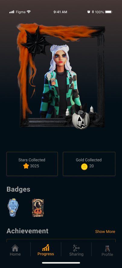 Full character portrait in a Halloween-styled frame with stars and gold collected