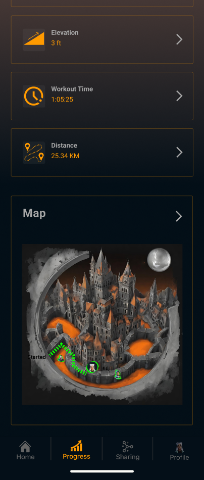 Achievement list continued with elevation, workout time, distance, and a map thumbnail