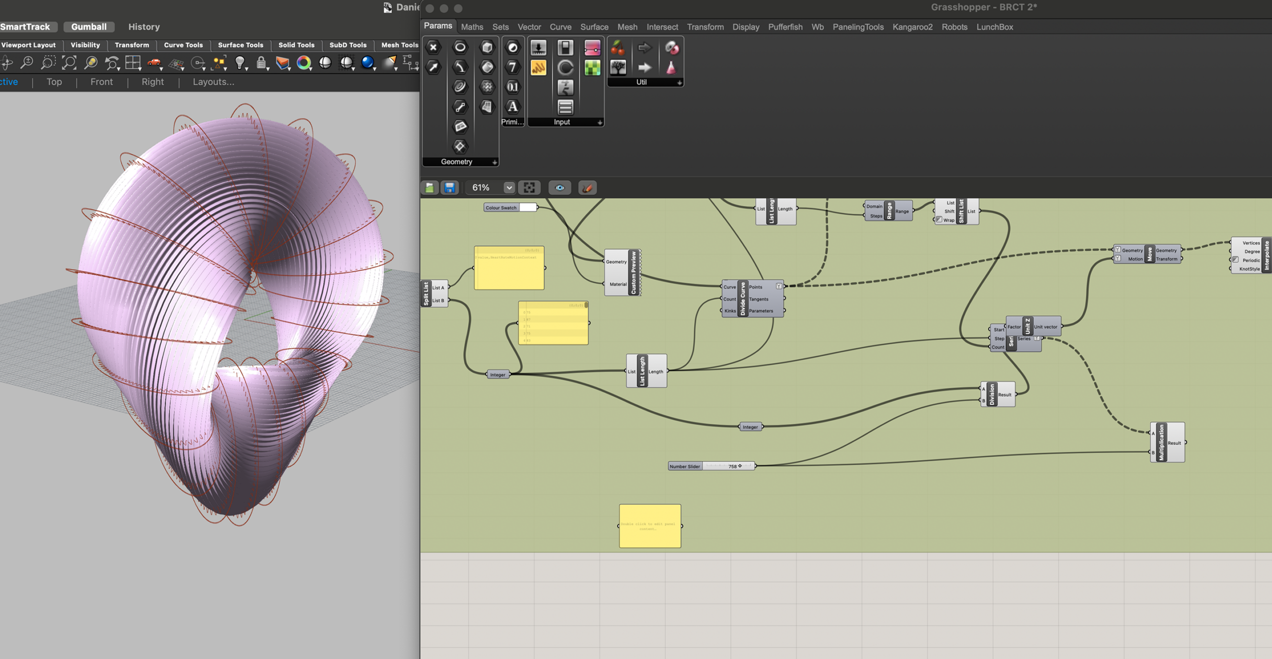 Grasshopper parametric modeling node graph showing ECG data processing pipeline