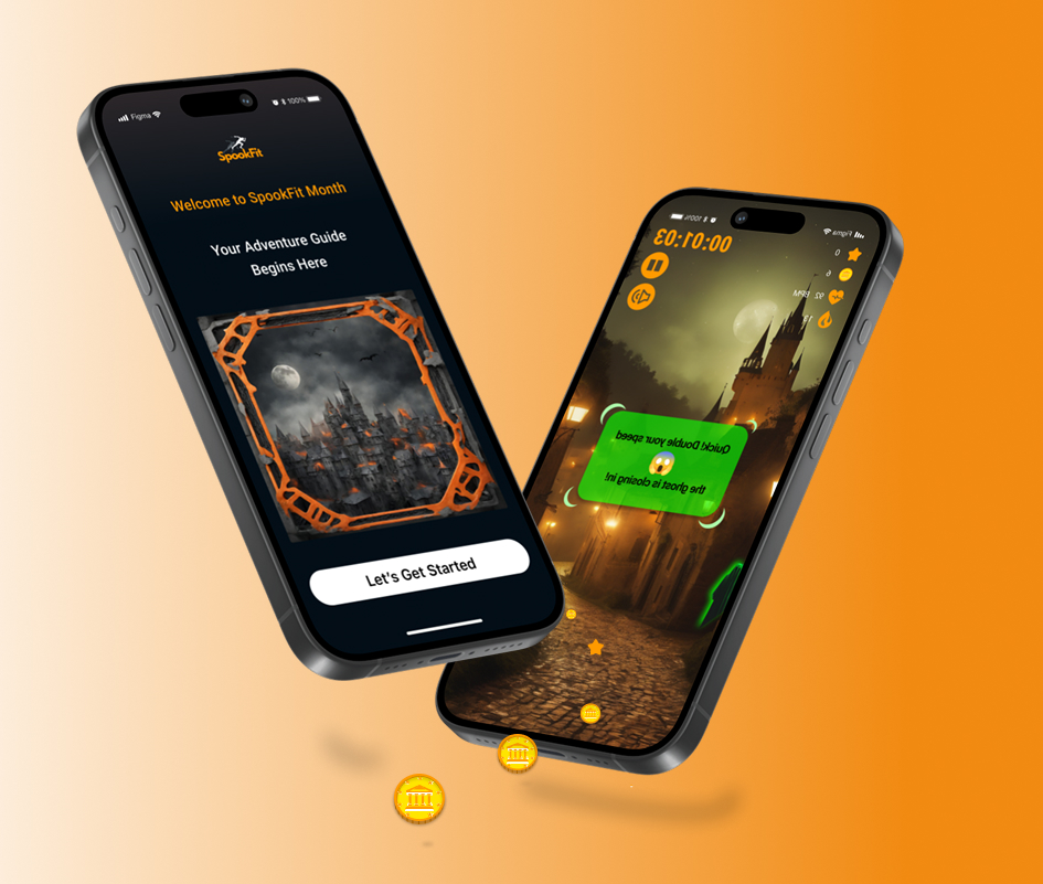 Two phones showing the SpookFit onboarding welcome screen and the in-game ghost-proximity chase alert