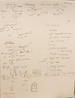 Hand sketch page one: character types, tracking mechanics, activity types, and early Halloween iconography
