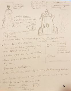 Hand sketch page five: avatar customization, castle gate, and social collaboration mechanic