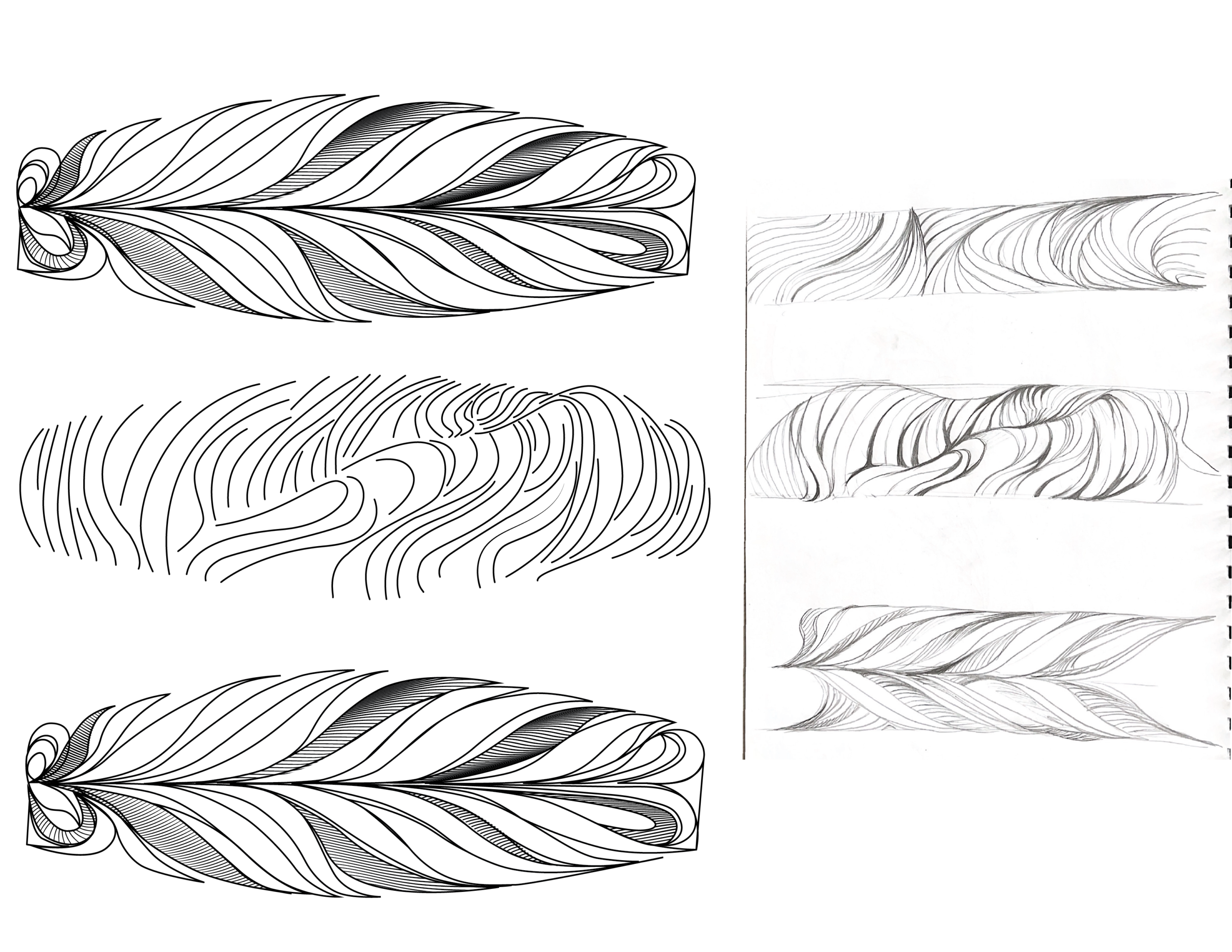 Hand sketches exploring bracelet surface texture patterns derived from ECG waveforms